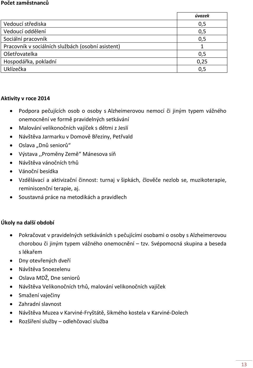 Návštěva Jarmarku v Domově Březiny, Petřvald Oslava Dnů seniorů Výstava,,Proměny Země Mánesova síň Návštěva vánočních trhů Vánoční besídka Vzdělávací a aktivizační činnost: turnaj v šipkách, člověče