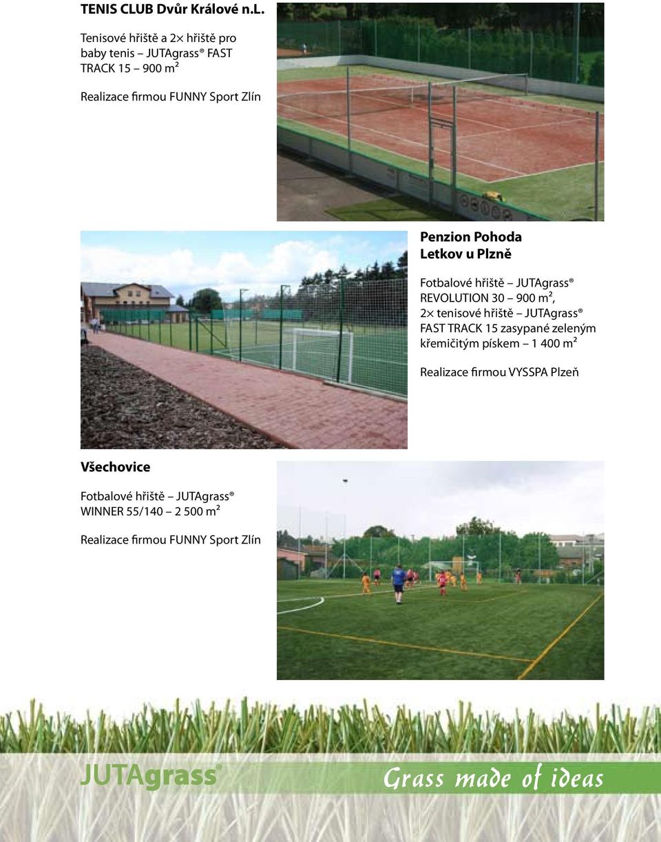 Tenisové hřiště a 2 hřiště pro baby tenis JUTAgrass FAST TRACK 15 900 m² Realizace firmou FUNNY Sport Zlín