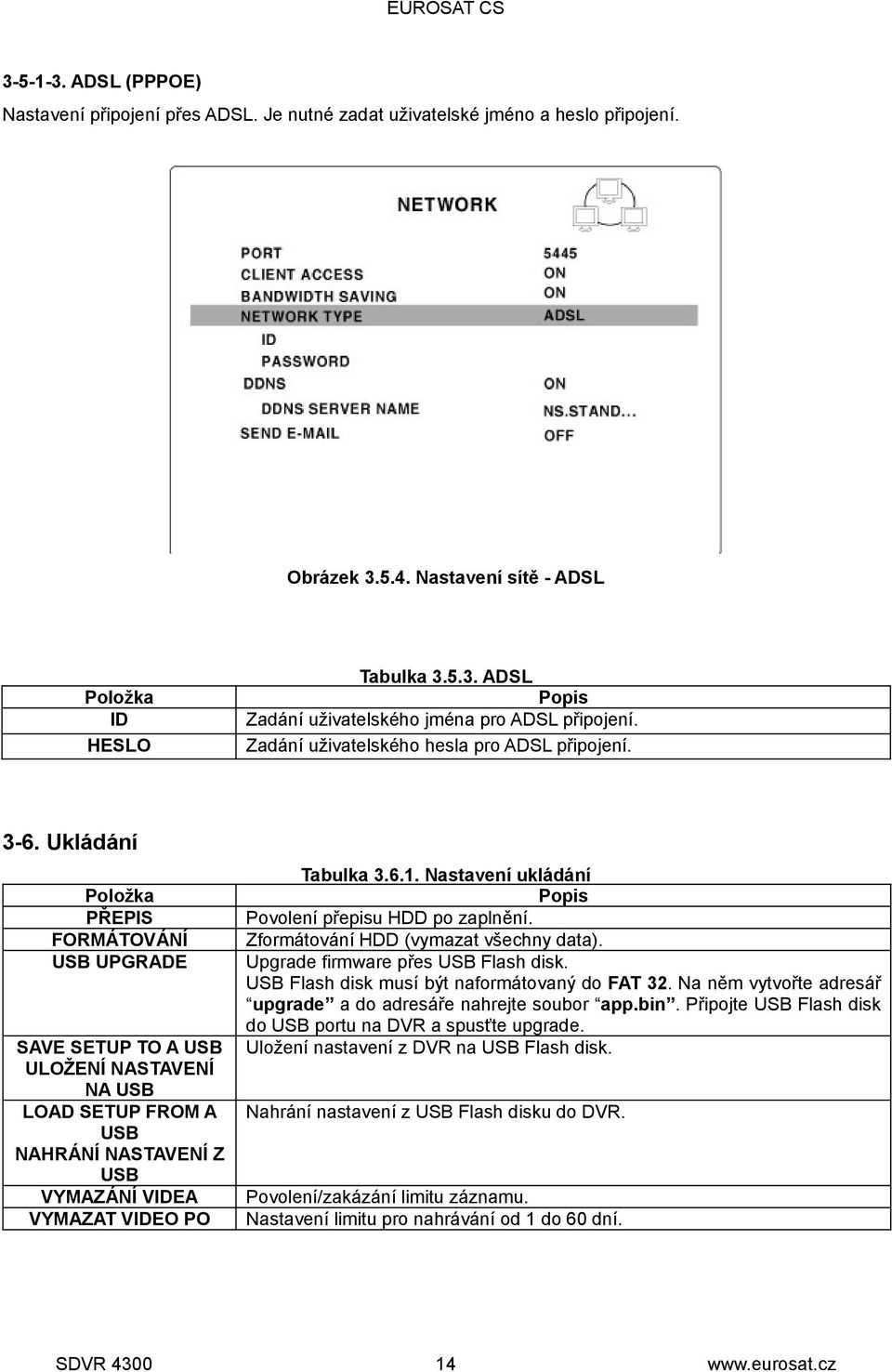 Ukládání Položka PŘEPIS FORMÁTOVÁNÍ USB UPGRADE SAVE SETUP TO A USB ULOŽENÍ NASTAVENÍ NA USB LOAD SETUP FROM A USB NAHRÁNÍ NASTAVENÍ Z USB VYMAZÁNÍ VIDEA VYMAZAT VIDEO PO Tabulka 3.6.1.