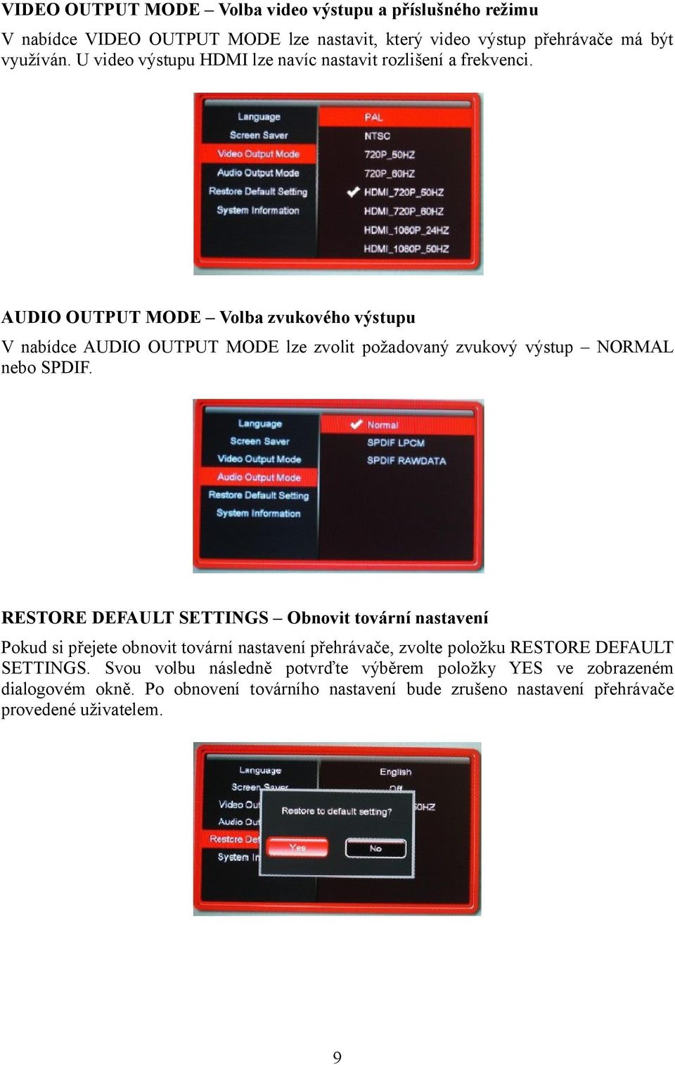 AUDIO OUTPUT MODE Volba zvukového výstupu V nabídce AUDIO OUTPUT MODE lze zvolit požadovaný zvukový výstup NORMAL nebo SPDIF.