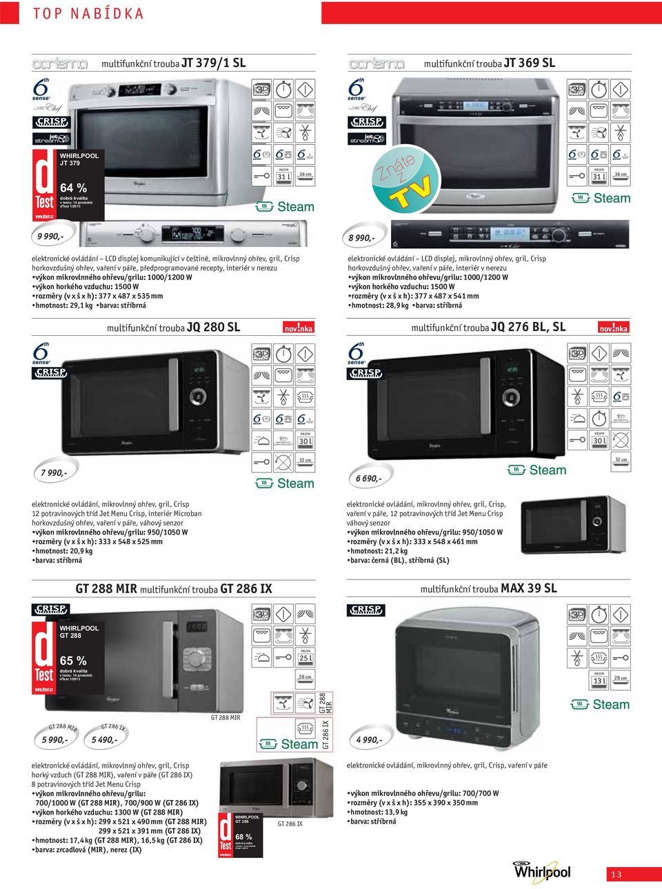 rozměry (v x š x h): 377 x 487 x 535 mm hmotnost: 29,1 kg barva: stříbrná multifunkční trouba JQ 280 SL 8 990,- elektronické ovládání LCD displej, mikrovlnný ohřev, gril, Crisp horkovzdušný ohřev,