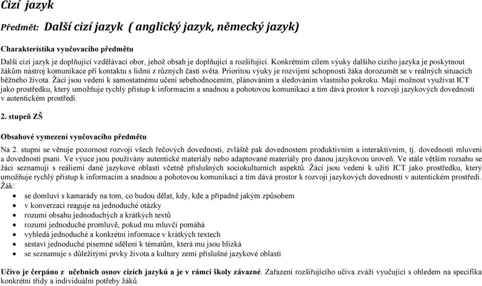 Prioritou výuky je rozvíjení schopnosti žáka dorozumět se v reálných situacích běžného života. Žáci jsou vedeni k samostatnému učení sebehodnocením, plánováním a sledováním vlastního pokroku.