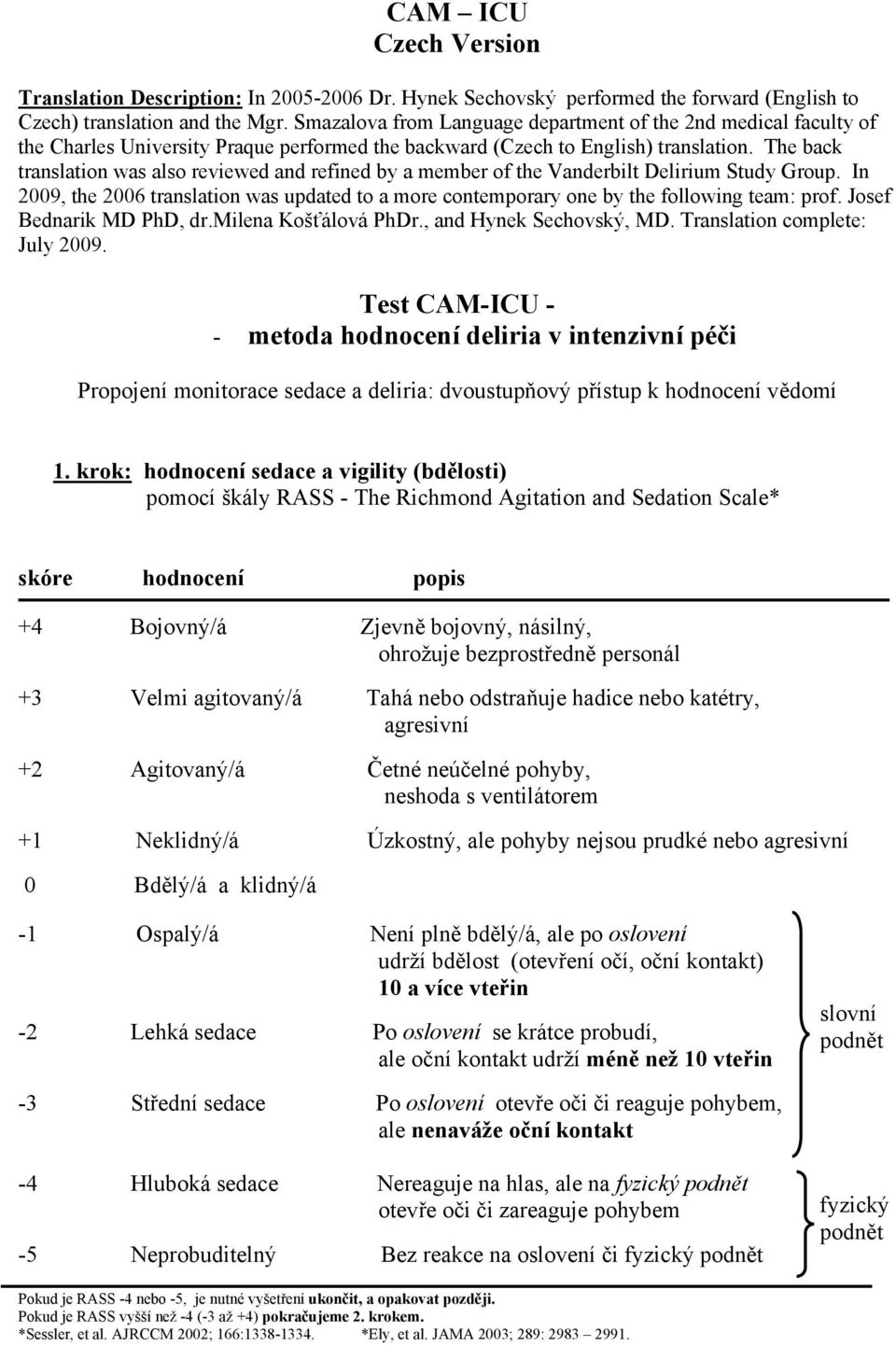 The back translation was also reviewed and refined by a member of the Vanderbilt Delirium Study Group. In 2009, the 2006 translation was updated to a more contemporary one by the following team: prof.