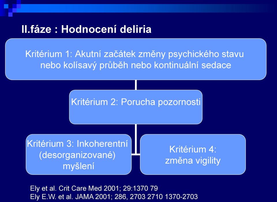 Kritérium 3: Inkoherentní (desorganizované) myšlení Kritérium 4: změna vigility