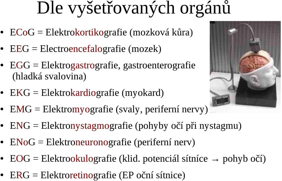 Elektromyografie (svaly, periferní nervy) ENG = Elektronystagmografie (pohyby očí při nystagmu) ENoG =