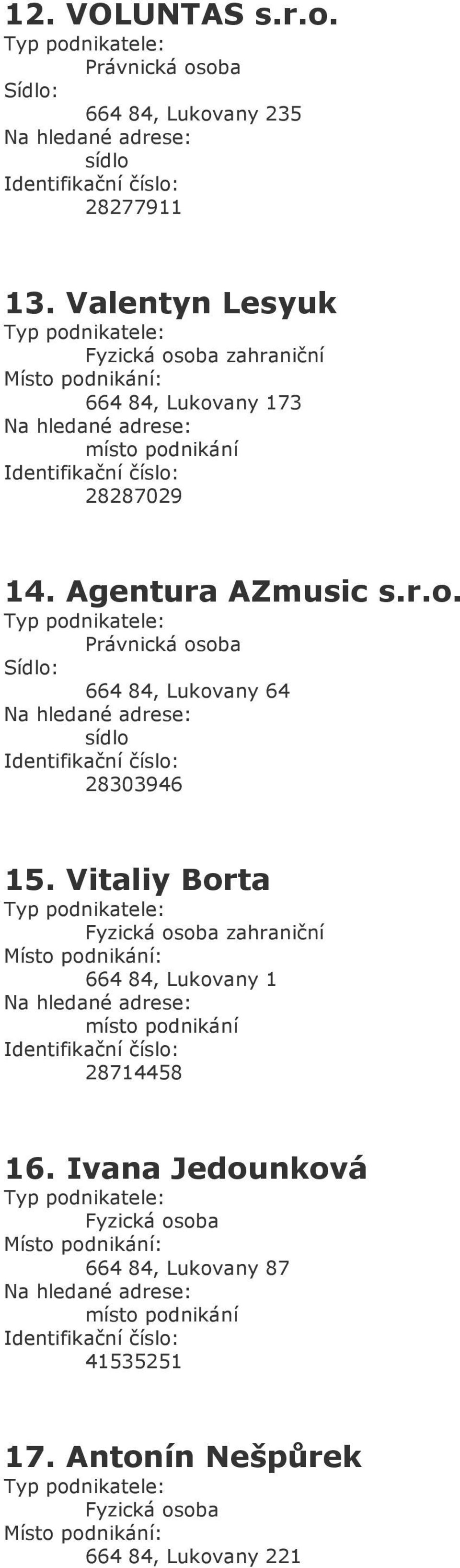 Vitaliy Borta zahraniční 664 84, Lukovany 1 28714458 16.