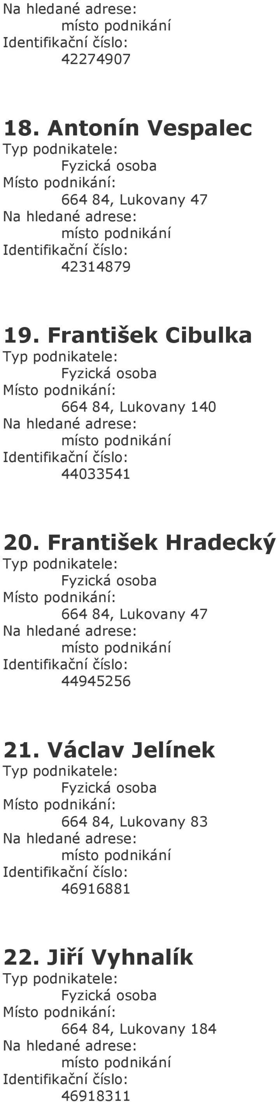 František Hradecký 664 84, Lukovany 47 44945256 21.