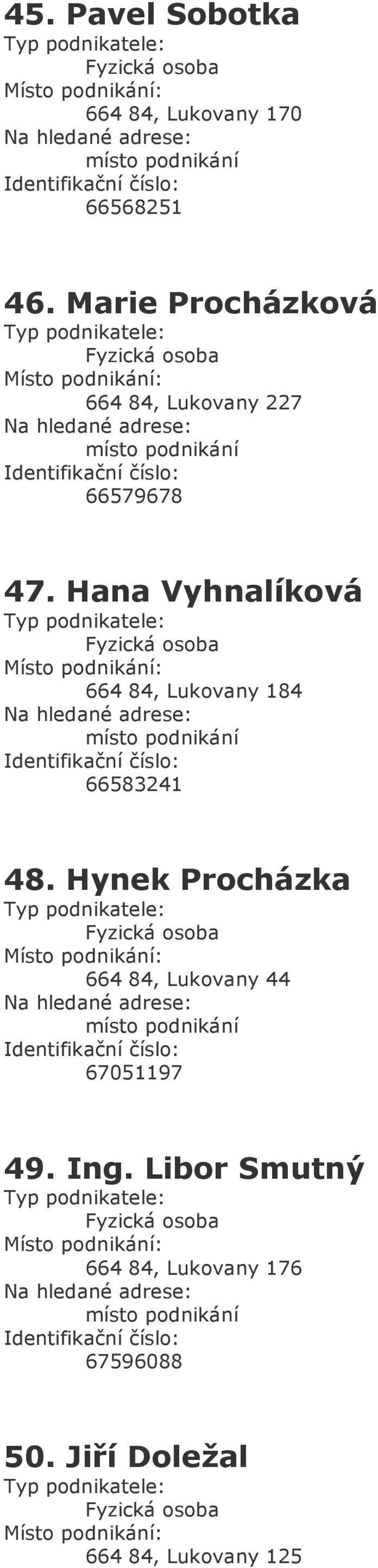 Hana Vyhnalíková 664 84, Lukovany 184 66583241 48.