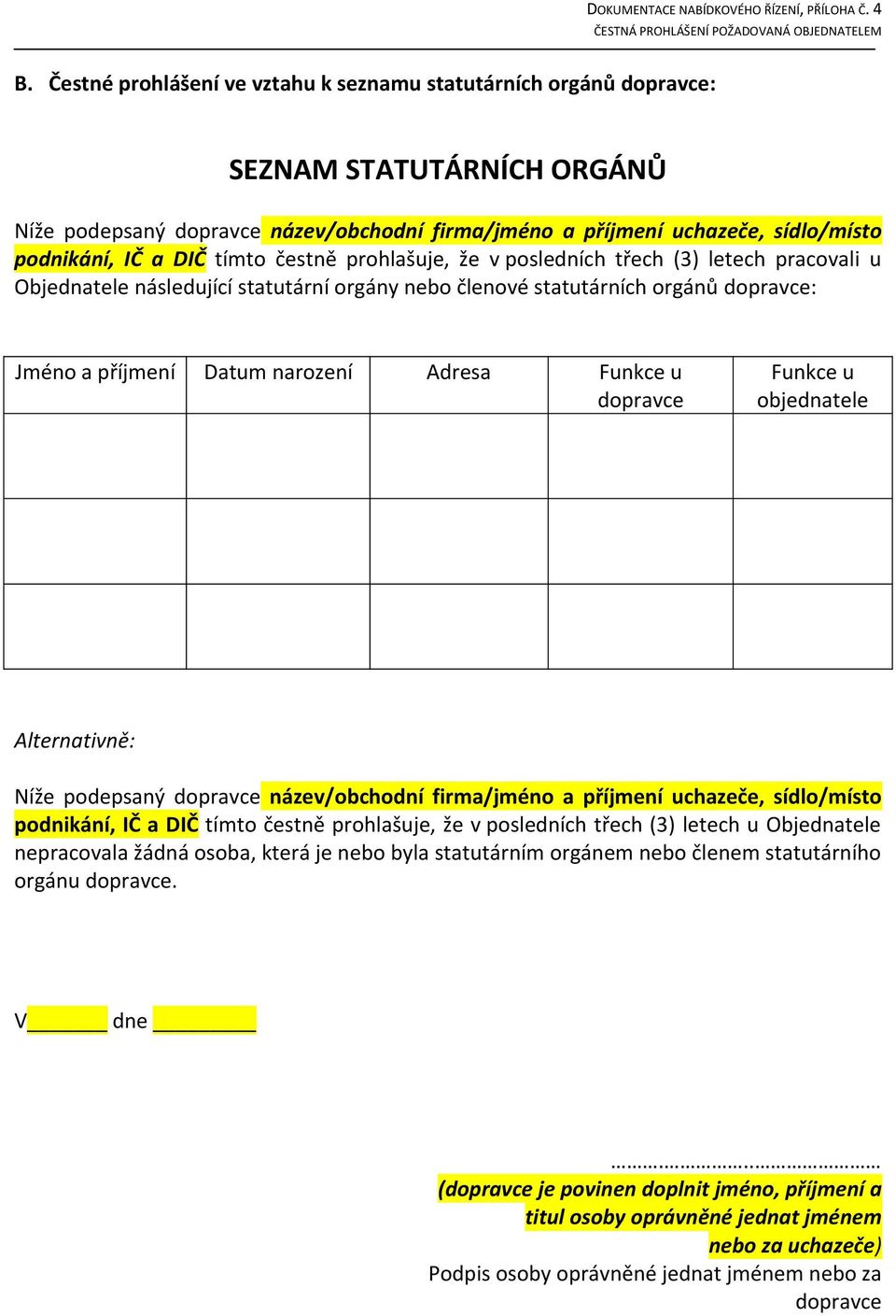 narození Adresa Funkce u Funkce u objednatele Alternativně: Níže podepsaný název/obchodní firma/jméno a příjmení uchazeče, sídlo/místo podnikání, IČ a DIČ tímto čestně prohlašuje,