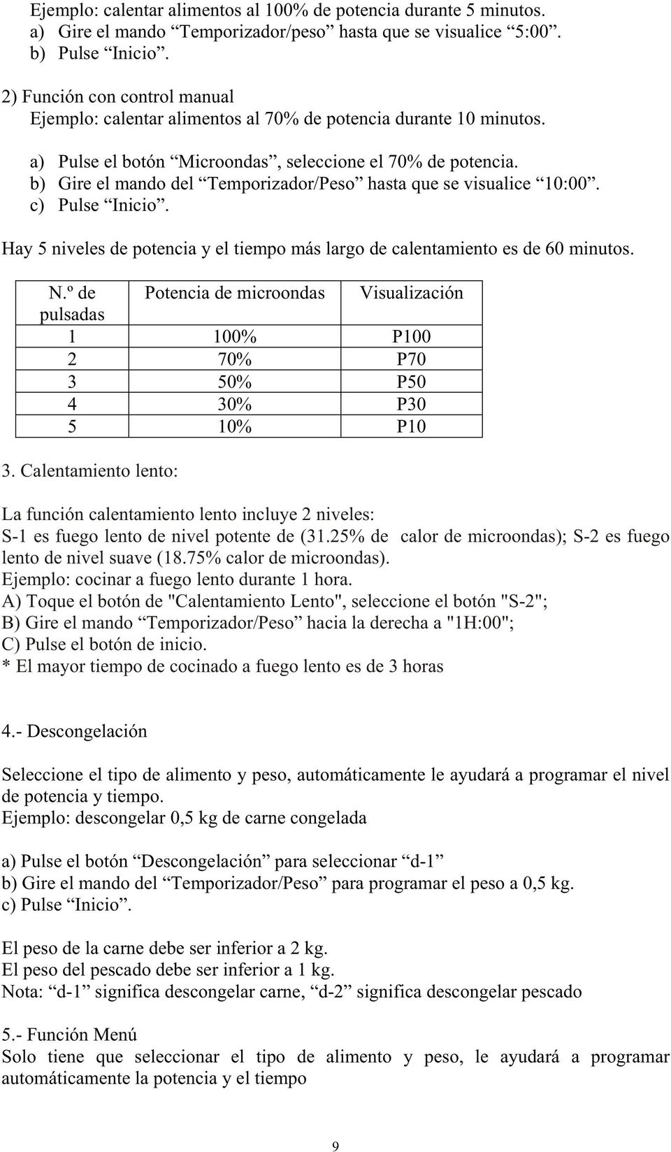 b) Gire el mando del Temporizador/Peso hasta que se visualice 10:00. c) Pulse Inicio. Hay 5 niveles de potencia y el tiempo más largo de calentamiento es de 60 minutos. N.