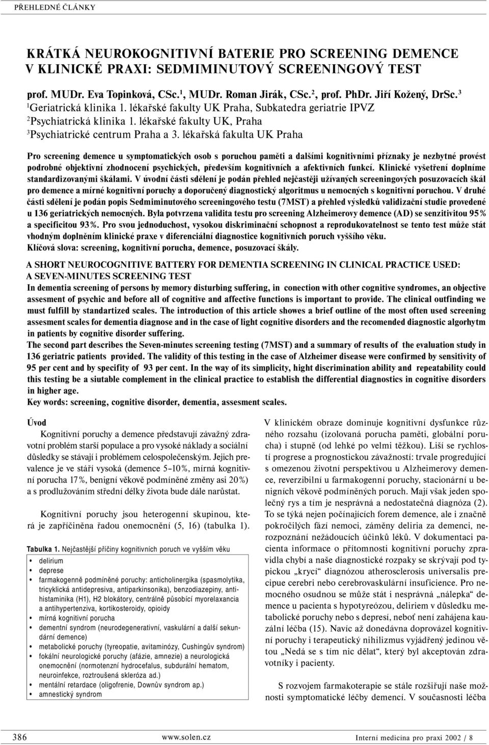 lékařská fakulta UK Praha Pro screening demence u symptomatických osob s poruchou paměti a dalšími kognitivními příznaky je nezbytné provést podrobné objektivní zhodnocení psychických, především