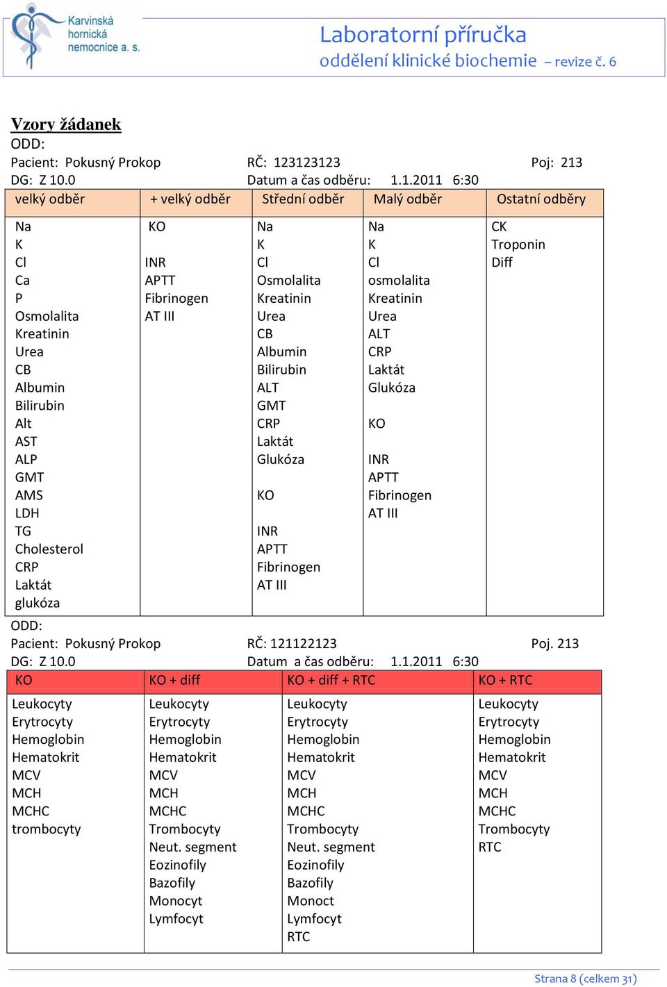 GMT AMS LDH TG Cholesterol CRP Laktát glukóza KO INR APTT Fibrinogen AT III Na K Cl Osmolalita Kreatinin Urea CB Albumin Bilirubin ALT GMT CRP Laktát Glukóza KO INR APTT Fibrinogen AT III Na K Cl