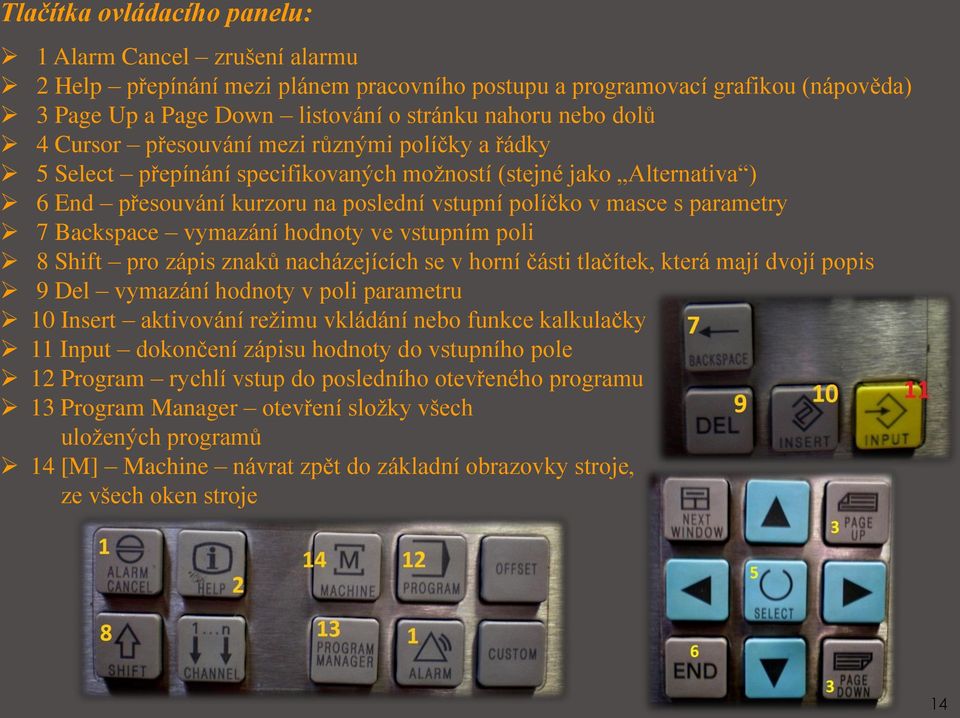 Backspace vymazání hodnoty ve vstupním poli 8 Shift pro zápis znaků nacházejících se v horní části tlačítek, která mají dvojí popis 9 Del vymazání hodnoty v poli parametru 10 Insert aktivování režimu