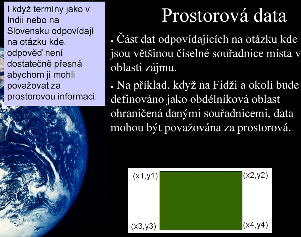 Prostorová data Část dat odpovídajících na otázku kde jsou většinou číselné souřadnice místa v oblasti