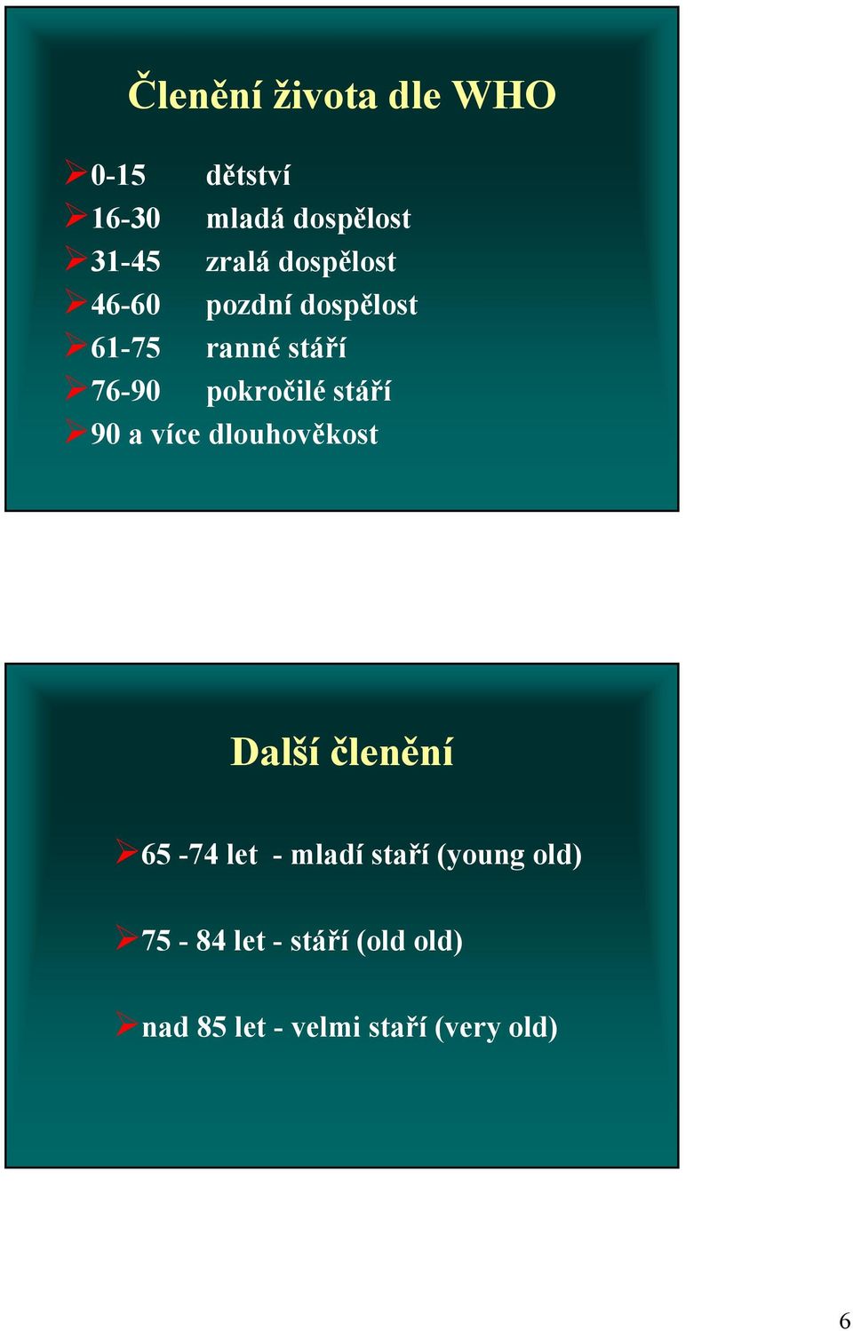 stáří 90 a více dlouhověkost Další členění 65-74 let - mladí staří