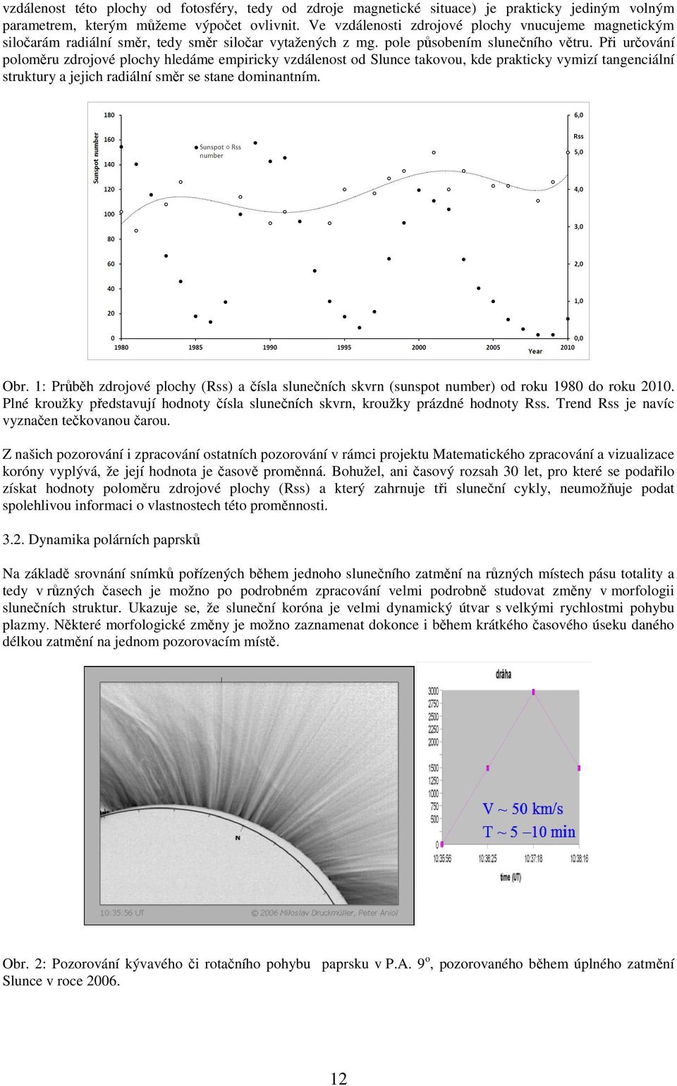 Při určování poloměru zdrojové plochy hledáme empiricky vzdálenost od Slunce takovou, kde prakticky vymizí tangenciální struktury a jejich radiální směr se stane dominantním. Obr.