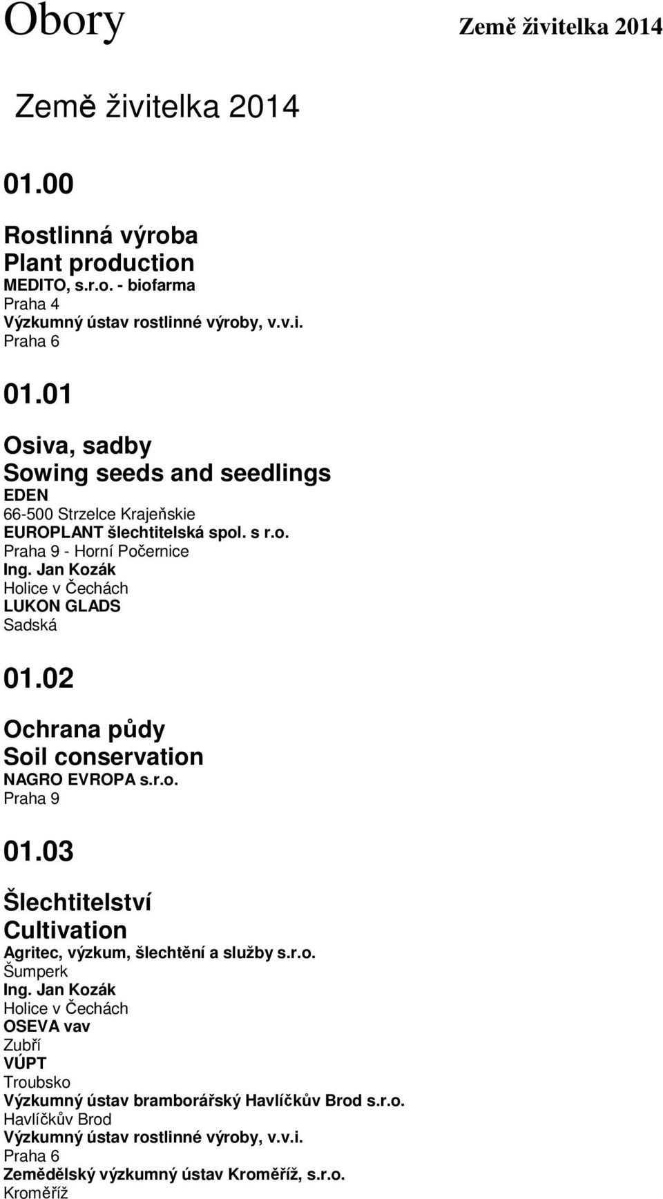 Jan Kozák Holice v Čechách LUKON GLADS Sadská 01.02 Ochrana půdy Soil conservation NAGRO EVROPA s.r.o. Praha 9 01.03 Šlechtitelství Cultivation Agritec, výzkum, šlechtění a služby s.