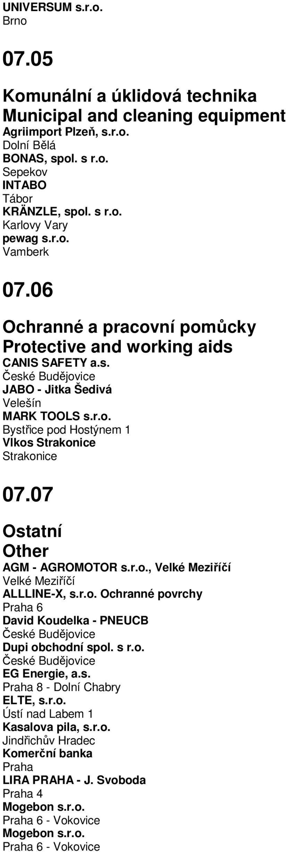 07 Ostatní Other AGM - AGROMOTOR s.r.o., Velké Meziříčí Velké Meziříčí ALLLINE-X, s.r.o. Ochranné povrchy Praha 6 David Koudelka - PNEUCB Dupi obchodní spol. s r.o. EG Energie, a.s. Praha 8 - Dolní Chabry ELTE, s.