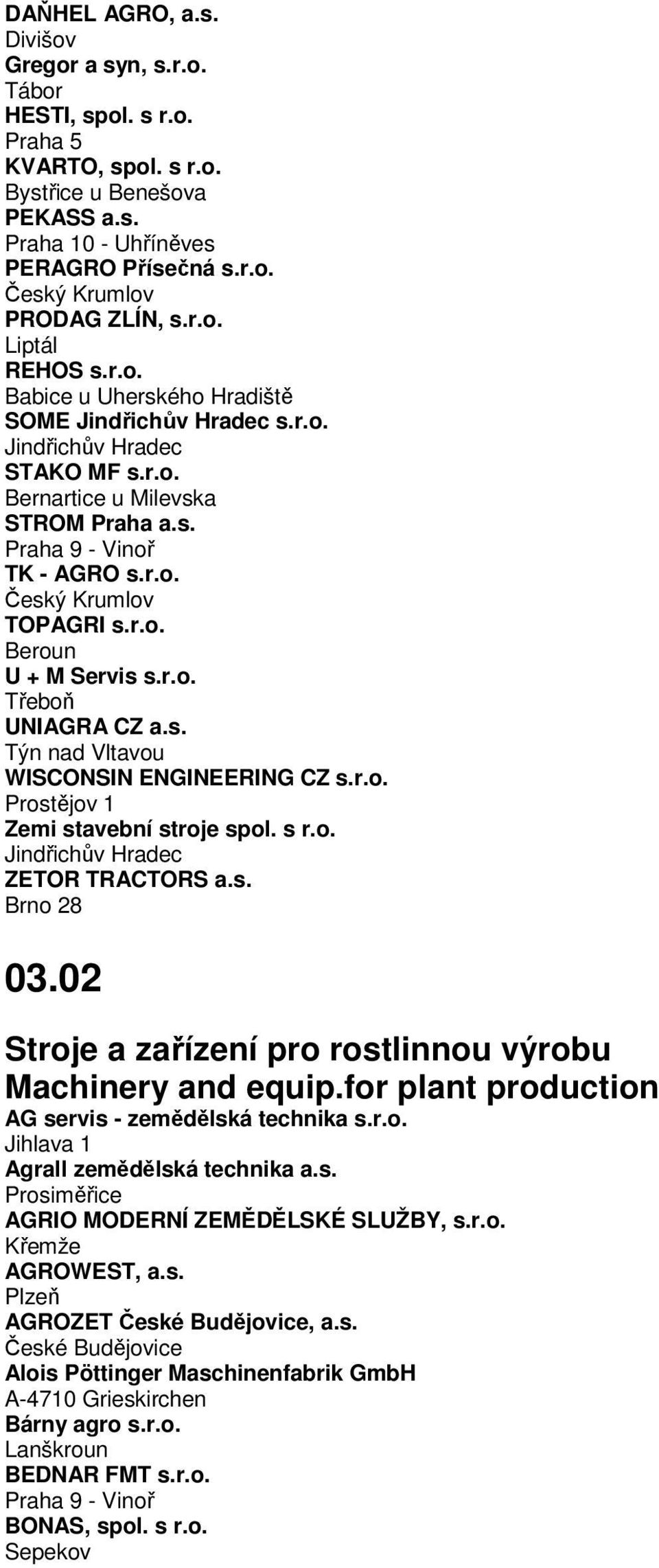 r.o. Beroun U + M Servis s.r.o. Třeboň UNIAGRA CZ a.s. Týn nad Vltavou WISCONSIN ENGINEERING CZ s.r.o. Prostějov 1 Zemi stavební stroje spol. s r.o. Jindřichův Hradec ZETOR TRACTORS a.s. Brno 28 03.