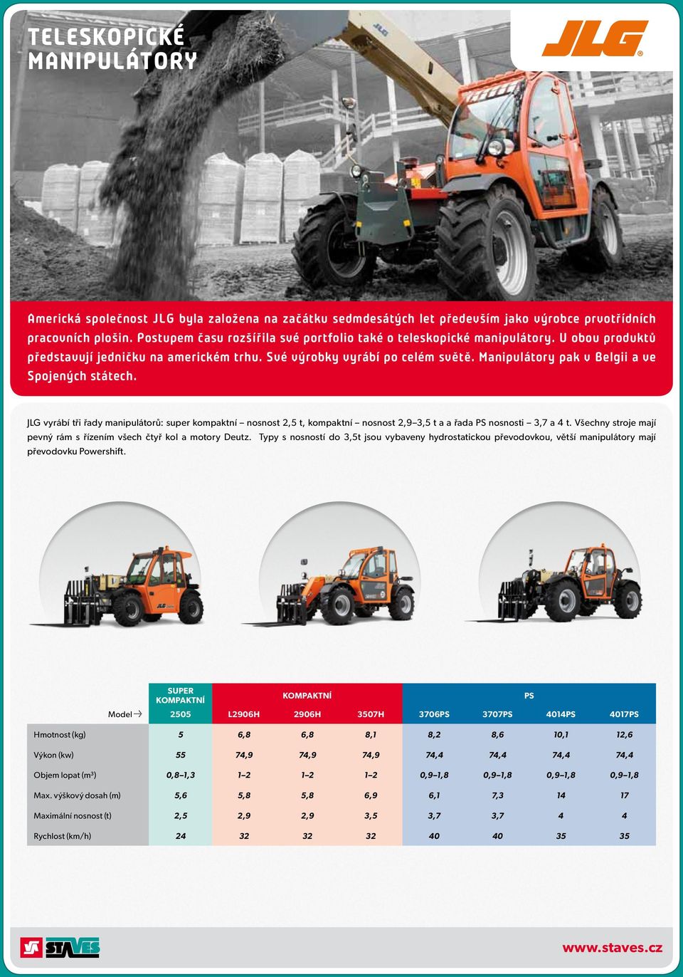 Manipulátory pak v Belgii a ve Spojených státech. JLG vyrábí tři řady manipulátorů: super kompaktní nosnost 2,5 t, kompaktní nosnost 2,9 3,5 t a a řada PS nosnosti 3,7 a 4 t.
