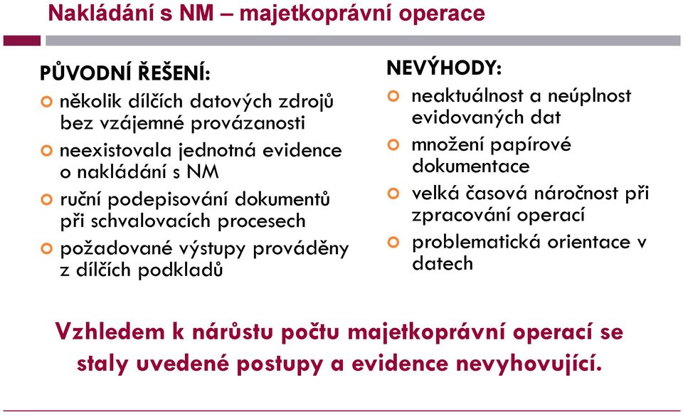 dílčích podkladů NEVÝHODY: neaktuálnost a neúplnost evidovaných dat množení papírové dokumentace velká časová náročnost při