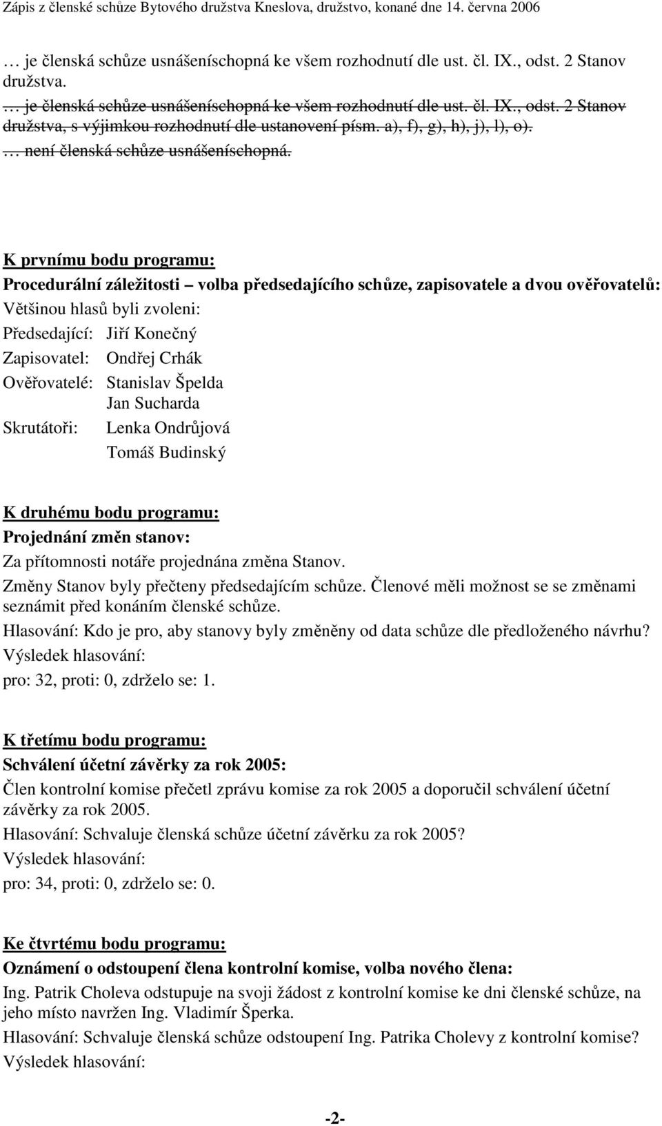 K prvnímu bodu programu: Procedurální záležitosti volba předsedajícího schůze, zapisovatele a dvou ověřovatelů: Většinou hlasů byli zvoleni: Předsedající: Jiří Konečný Zapisovatel: Ondřej Crhák