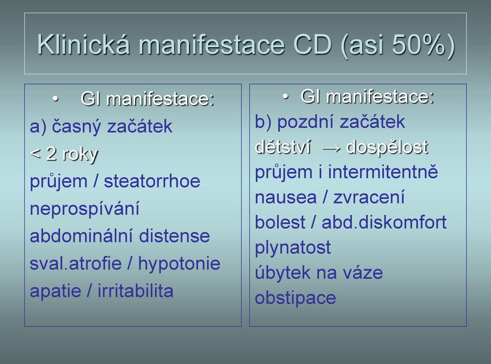 atrofie / hypotonie apatie / irritabilita GI manifestace: b) pozdní začátek