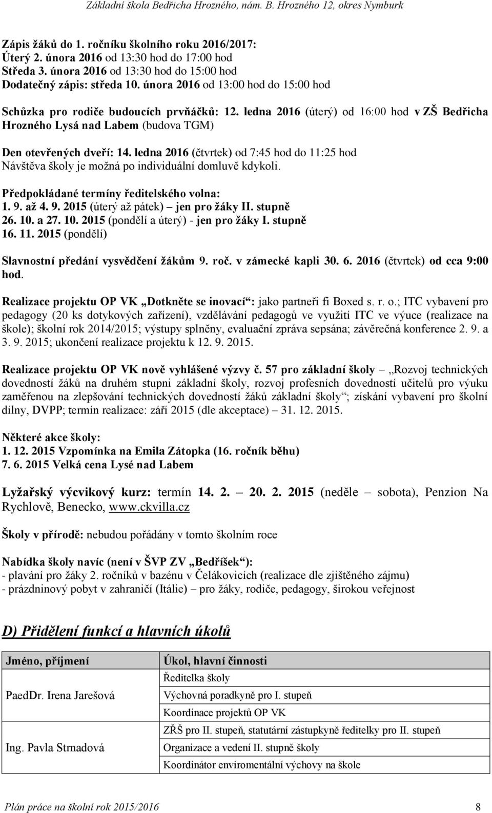 ledna 2016 (čtvrtek) od 7:45 hod do 11:25 hod Návštěva školy je možná po individuální domluvě kdykoli. Předpokládané termíny ředitelského volna: 1. 9. až 4. 9. 2015 (úterý až pátek) jen pro žáky II.