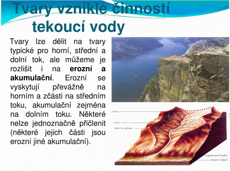 Erozní se vyskytují převážně na horním a zčásti na středním toku, akumulační zejména
