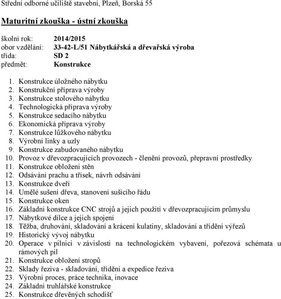 Provoz v dřevozpracujících provozech - členění provozů, přepravní prostředky 11. Konstrukce obložení stěn 12. Odsávání prachu a třísek, návrh odsávání 13. Konstrukce dveří 14.