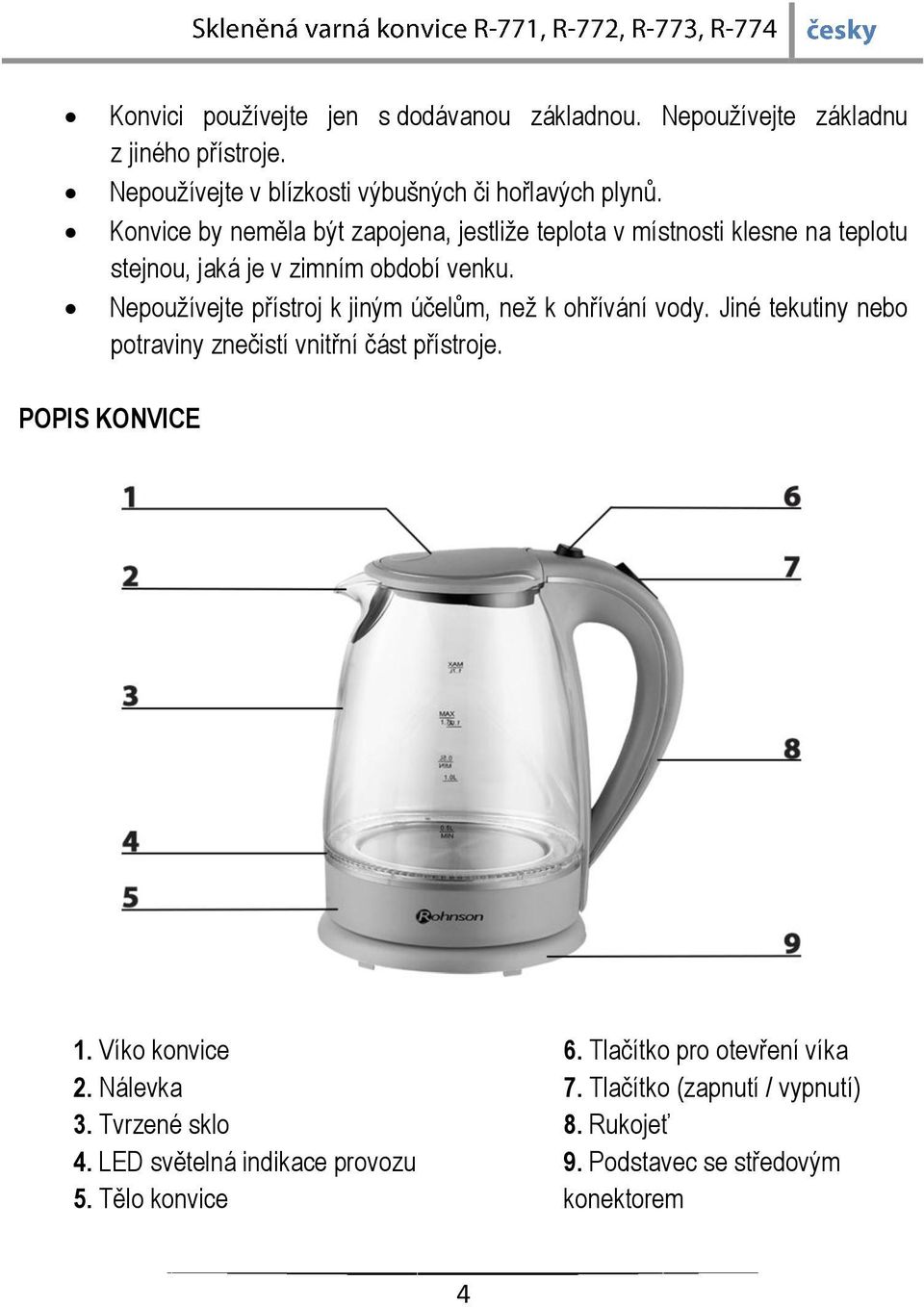 Návod k použití SKLENĚNÁ VARNÁ KONVICE R-771 (nerez), R-772 (zelená), R-773  (oranţová), R-774 (fialová) - PDF Free Download