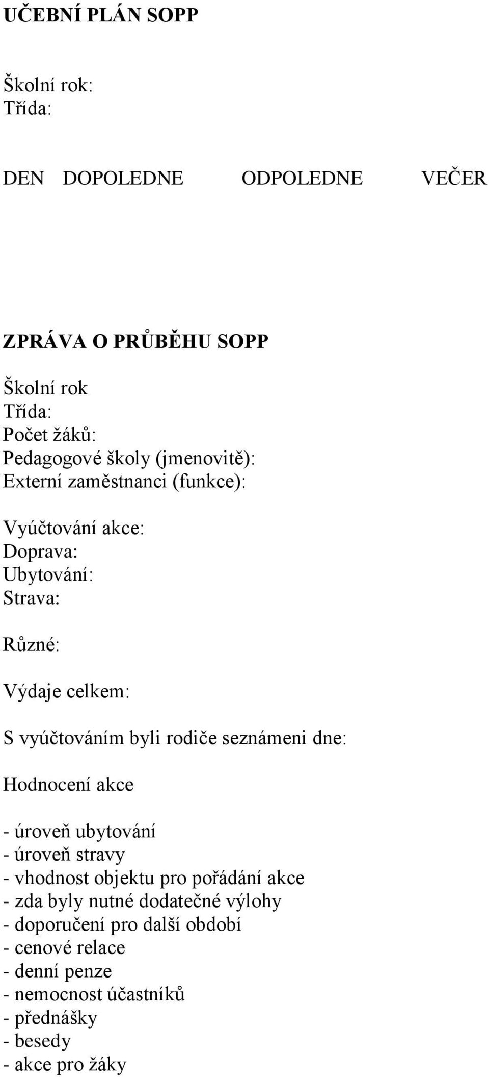 byli rodiče seznámeni dne: Hodnocení akce - úroveň ubytování - úroveň stravy - vhodnost objektu pro pořádání akce - zda byly nutné