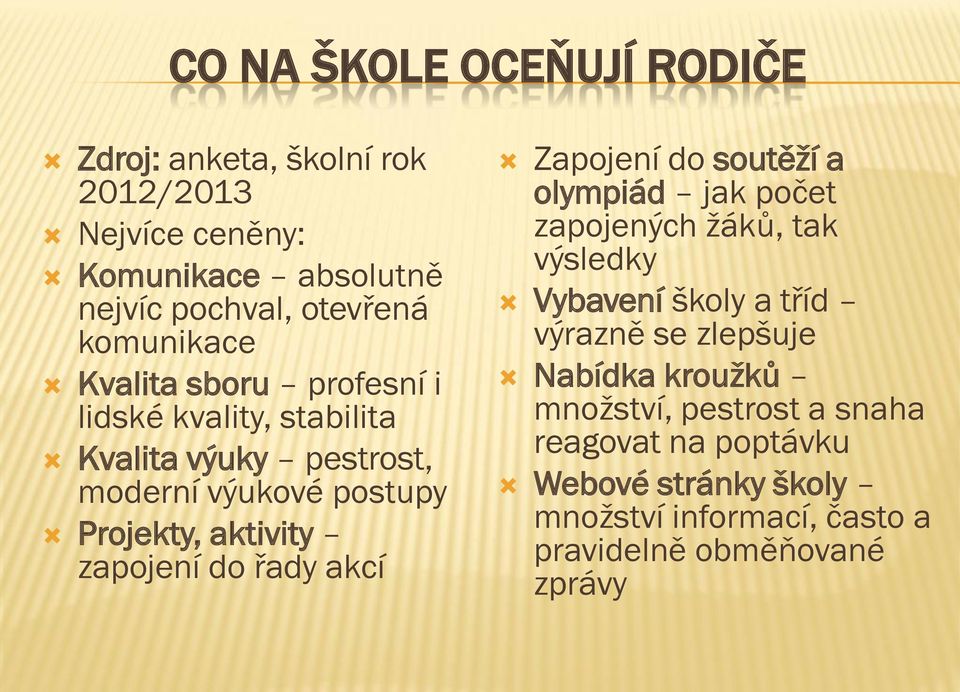 zapojení do řady akcí Zapojení do soutěží a olympiád jak počet zapojených žáků, tak výsledky Vybavení školy a tříd výrazně se