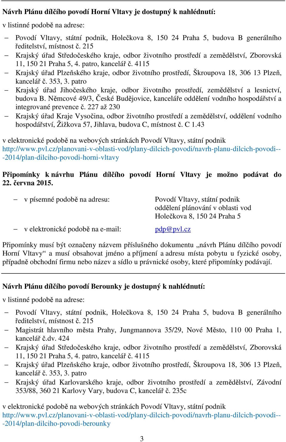 227 až 230 Krajský úřad Kraje Vysočina, odbor životního prostředí a zemědělství, oddělení vodního hospodářství, Žižkova 57, Jihlava, budova C, místnost č. C 1.