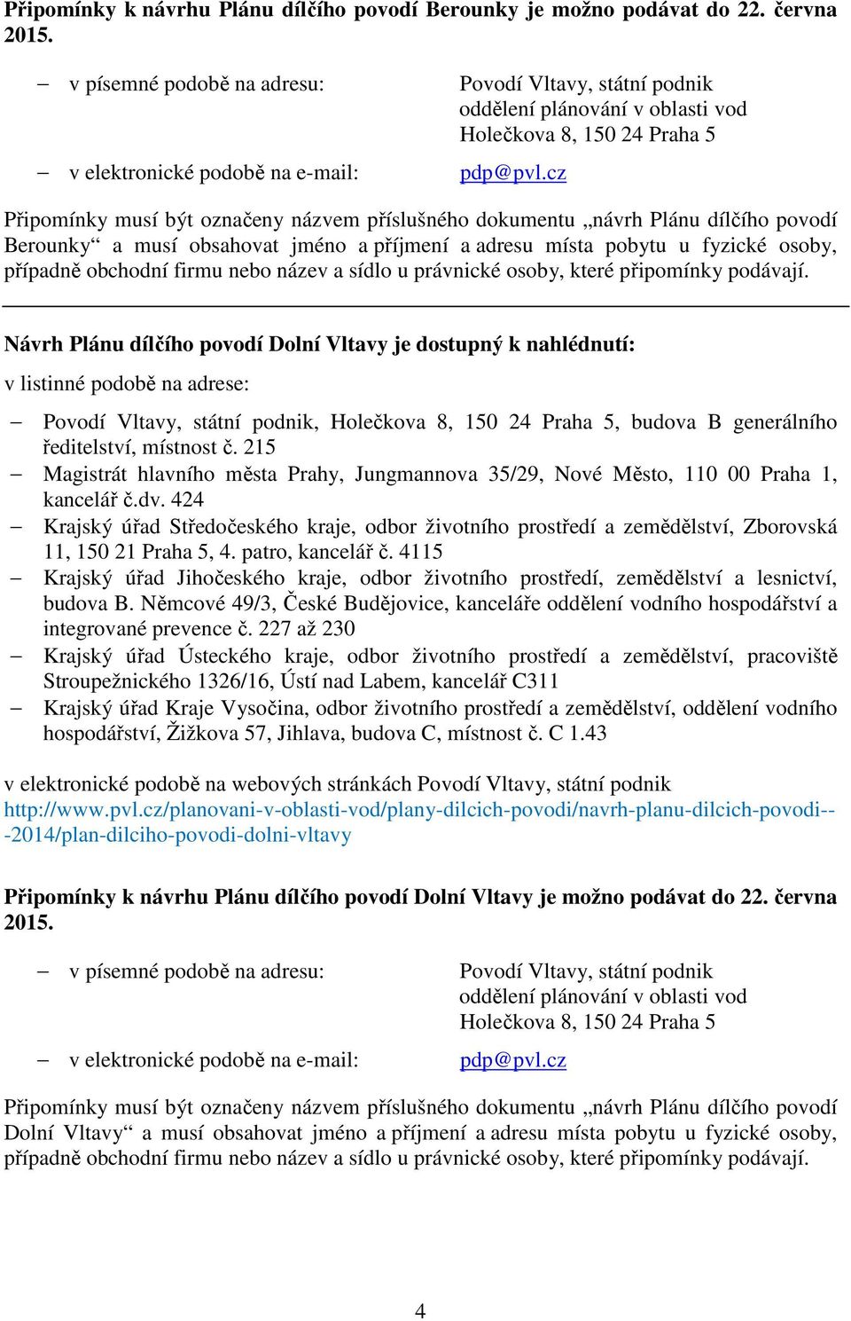 Prahy, Jungmannova 35/29, Nové Město, 110 00 Praha 1, kancelář č.dv. 424 budova B. Němcové 49/3, České Budějovice, kanceláře oddělení vodního hospodářství a integrované prevence č.