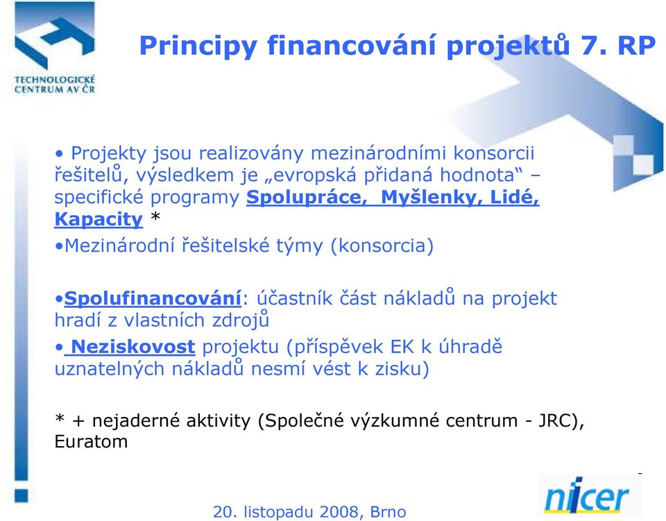 programy Spolupráce, Myšlenky, Lidé, Kapacity * Mezinárodní řešitelské týmy (konsorcia) Spolufinancování: účastník