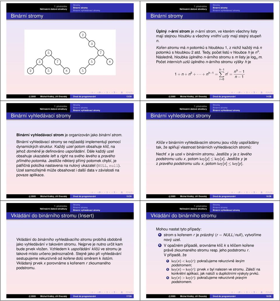Počet interních uzlů úplného n-árního stromu výšky h je h 1 1 + n + n 2 + + n h 1 = n i = nh 1 n 1 i=0 c 2005 Michal Krátký, Jiří Dvorský Úvod do programování 13/39 c 2005 Michal Krátký, Jiří Dvorský