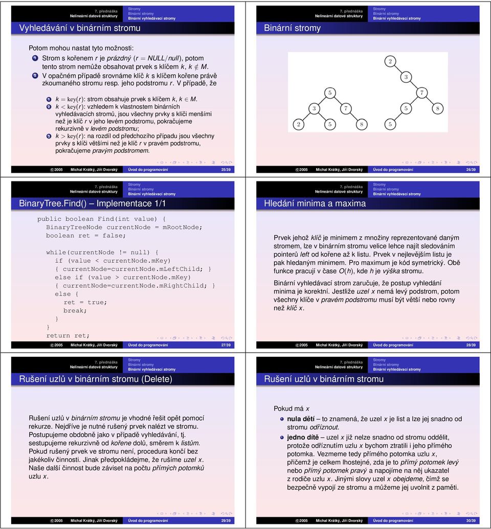 2 k < key(r): vzhledem k vlastnostem binárních vyhledávacích stromů, jsou všechny prvky s klíči menšími než je klíč r v jeho levém podstromu, pokračujeme rekurzivně vlevém podstromu; 3 k > key(r): na