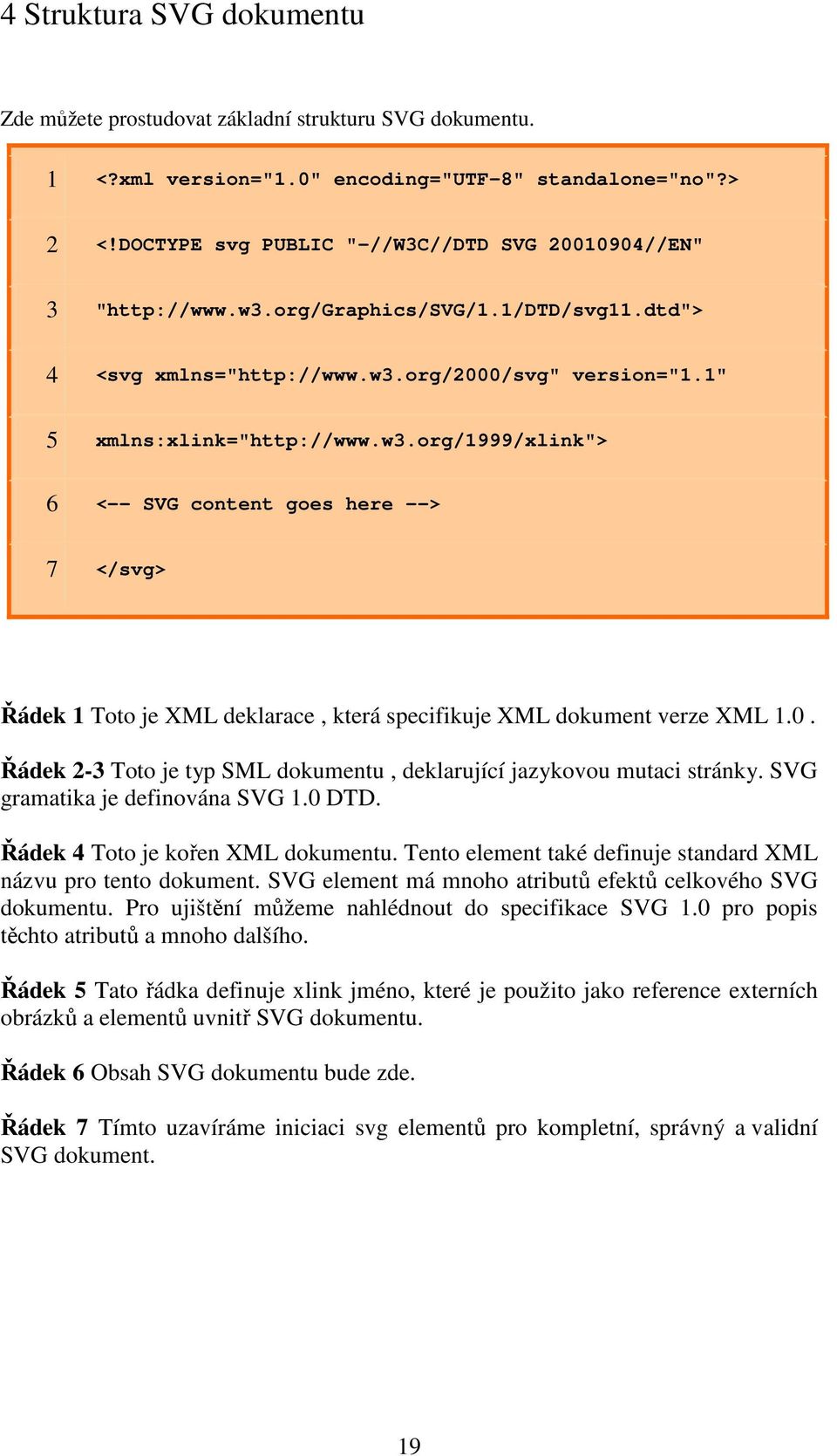 0. Řádek 2-3 Toto je typ SML dokumentu, deklarující jazykovou mutaci stránky. SVG gramatika je definována SVG 1.0 DTD. Řádek 4 Toto je kořen XML dokumentu.