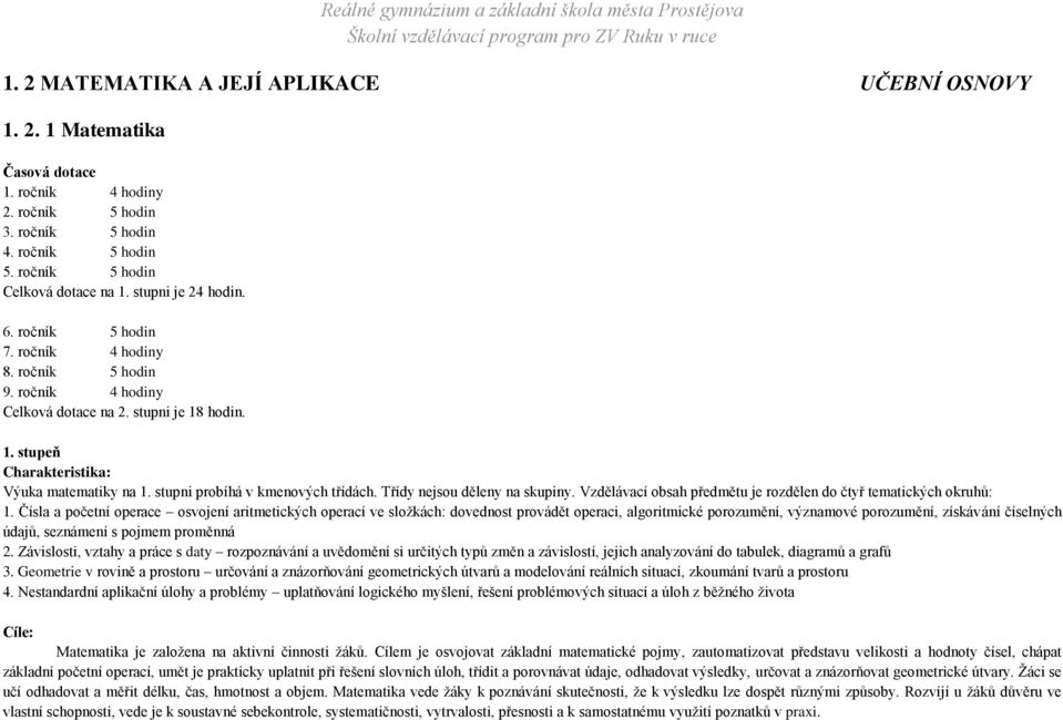 stupni probíhá v kmenových třídách. Třídy nejsou děleny na skupiny. Vzdělávací obsah předmětu je rozdělen do čtyř tematických okruhů: 1.