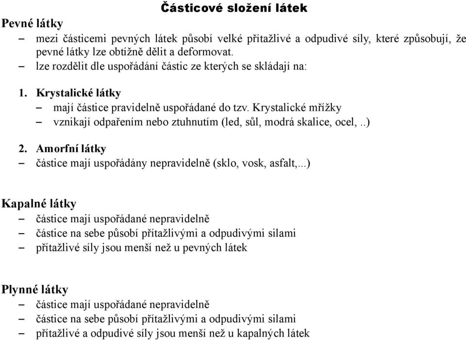 Krystalické mřížky vznikají odpařením nebo ztuhnutím (led, sůl, modrá skalice, ocel,..) 2. Amorfní látky částice mají uspořádány nepravidelně (sklo, vosk, asfalt,.