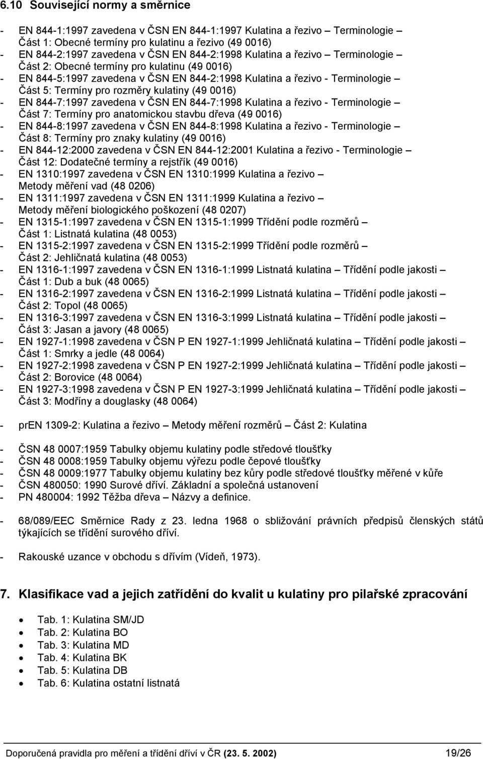 kulatiny (49 0016) - EN 844-7:1997 zavedena v ČSN EN 844-7:1998 Kulatina a řezivo - Terminologie Část 7: Termíny pro anatomickou stavbu dřeva (49 0016) - EN 844-8:1997 zavedena v ČSN EN 844-8:1998