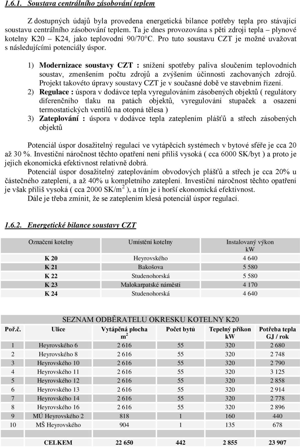 1) Modernizace soustavy CZT : snížení spotřeby paliva sloučením teplovodních soustav, zmenšením počtu zdrojů a zvýšením účinnosti zachovaných zdrojů.