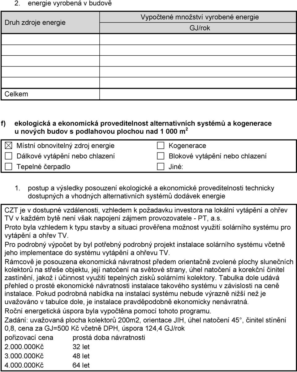 postup a výsledky posouzení ekologické a ekonomické proveditelnosti technicky dostupných a vhodných alternativních systémů dodávek energie CZT je v dostupné vzdálenosti, vzhledem k požadavku
