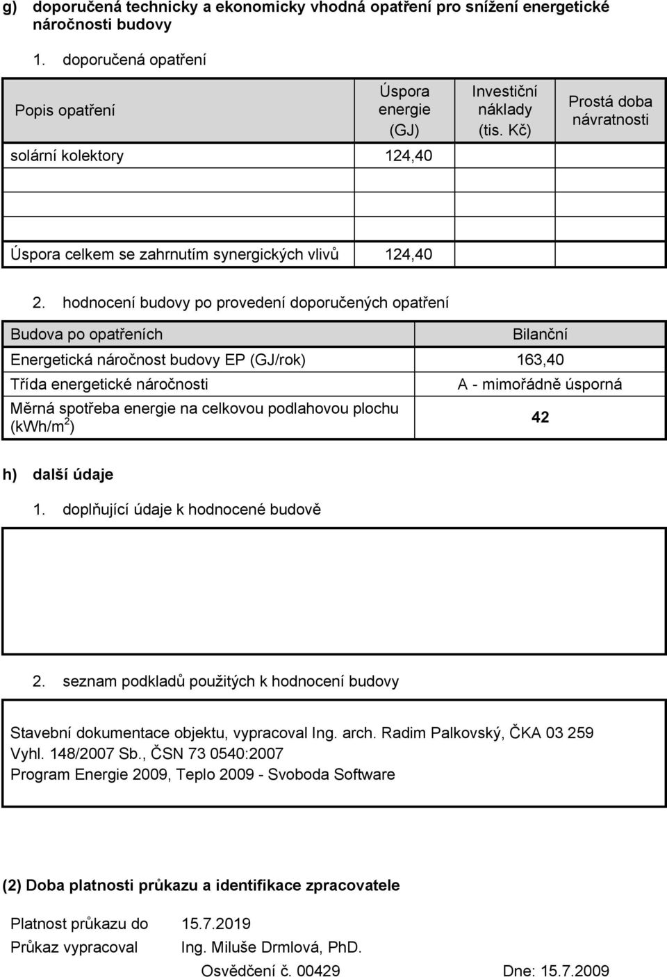 hodnocení budovy po provedení doporučených opatření Budova po opatřeních Energetická náročnost budovy EP (GJ/rok) 163,40 Třída energetické náročnosti Měrná spotřeba energie na celkovou podlahovou