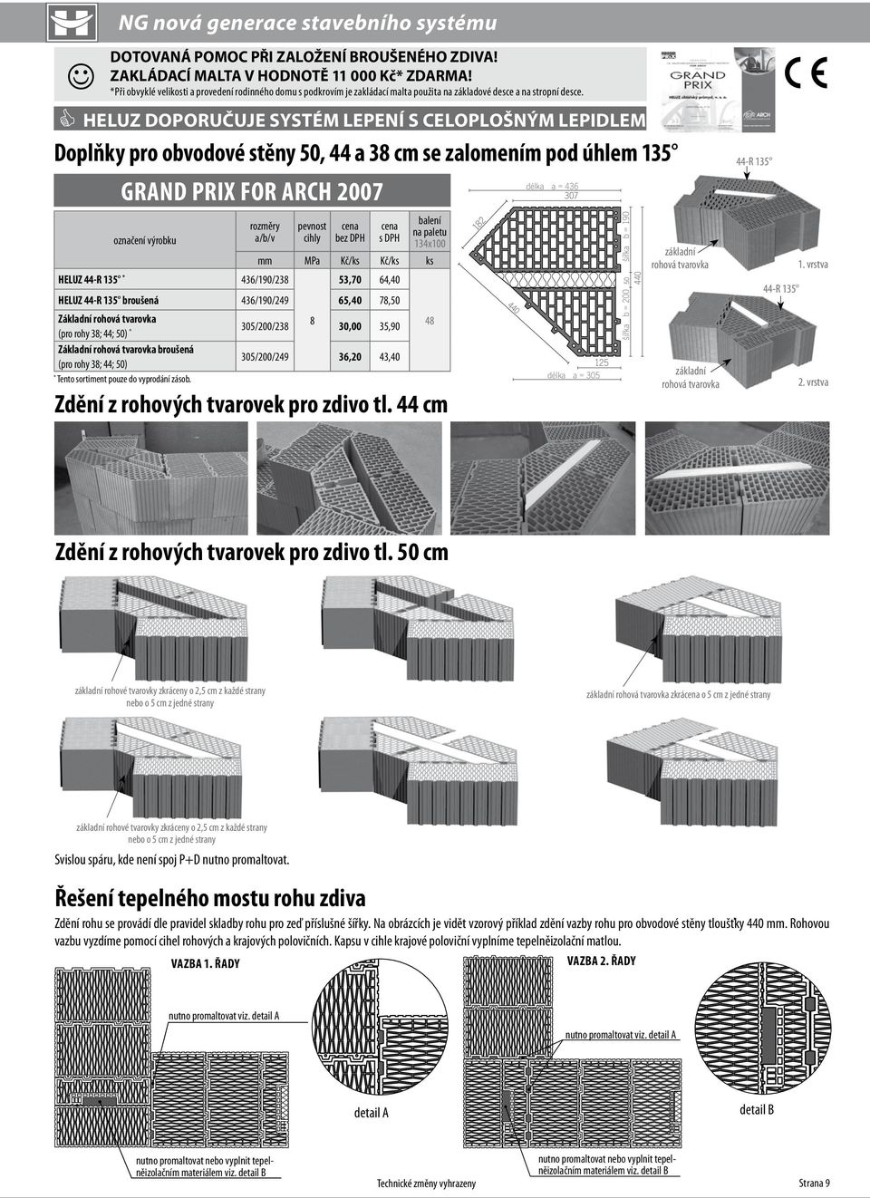 HELUZ doporučuje systém lepení Doplňky pro obvodové stěny 50, 44 a 38 cm se zalomením pod úhlem 135 délka a = 436 GRAND PRIX FOR ARCH 2007 výrobku a/b/v HELUZ 44-R 135 436/190/238 cihly bez DPH s DPH