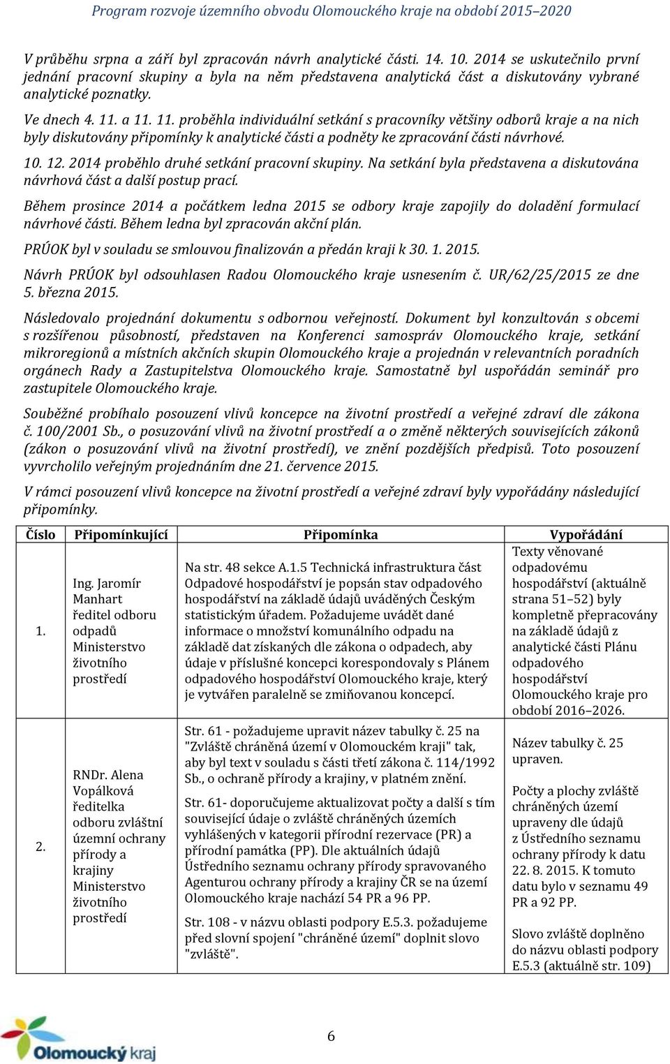 a 11. 11. proběhla individuální setkání s pracovníky většiny odborů kraje a na nich byly diskutovány připomínky k analytické části a podněty ke zpracování části návrhové. 10. 12.