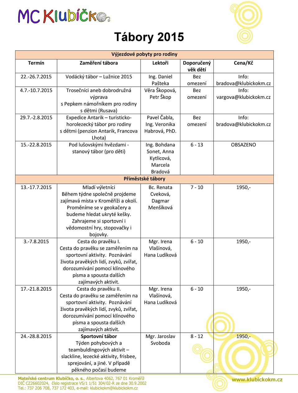 7.-2.8.2015 Expedice Antarik turistickohorolezecký tábor pro rodiny s dětmi (penzion Antarik, Francova Lhota) 15.-22.8.2015 Pod lušovskými hvězdami - stanový tábor (pro děti) 13.-17.7.2015 Mladí výletníci Během týdne společně projdeme zajímavá místa v Kroměříži a okolí.