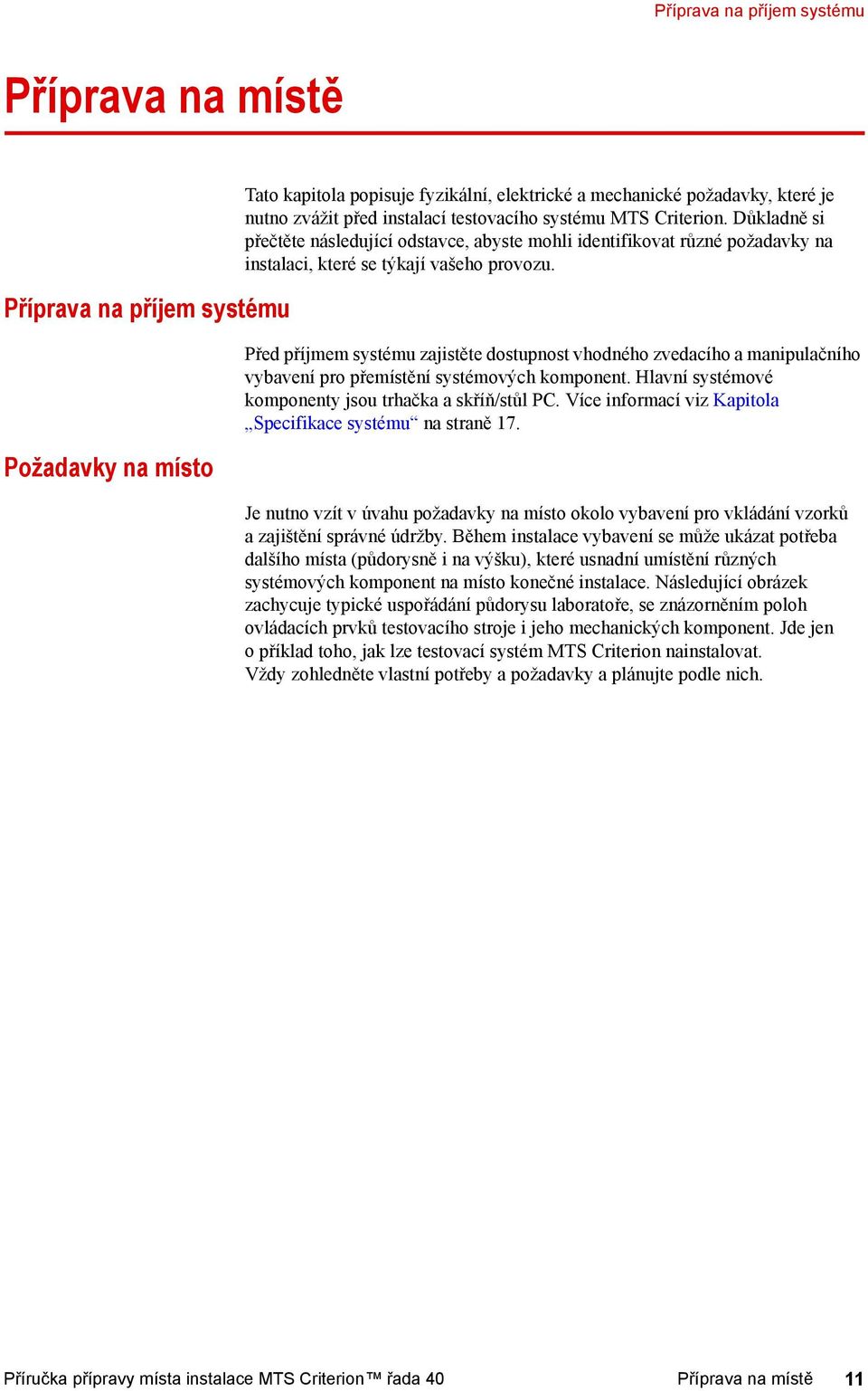 Před příjmem systému zajistěte dostupnost vhodného zvedacího a manipulačního vybavení pro přemístění systémových komponent. Hlavní systémové komponenty jsou trhačka a skříň/stůl PC.