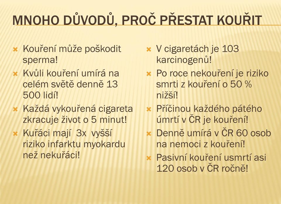 Kuřáci mají 3x vyšší riziko infarktu myokardu než nekuřáci! V cigaretách je 103 karcinogenů!